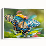 Vintage poster art of colorful birds on a black background, framed canvas, ideal for living room decor.