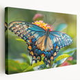 Close-up image of a bird on a stretched canvas, featuring vibrant green and blue tones, ideal for kitchen wall art.