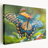 Close-up image of a bird on a stretched canvas, featuring vibrant green and blue tones, ideal for kitchen wall art.