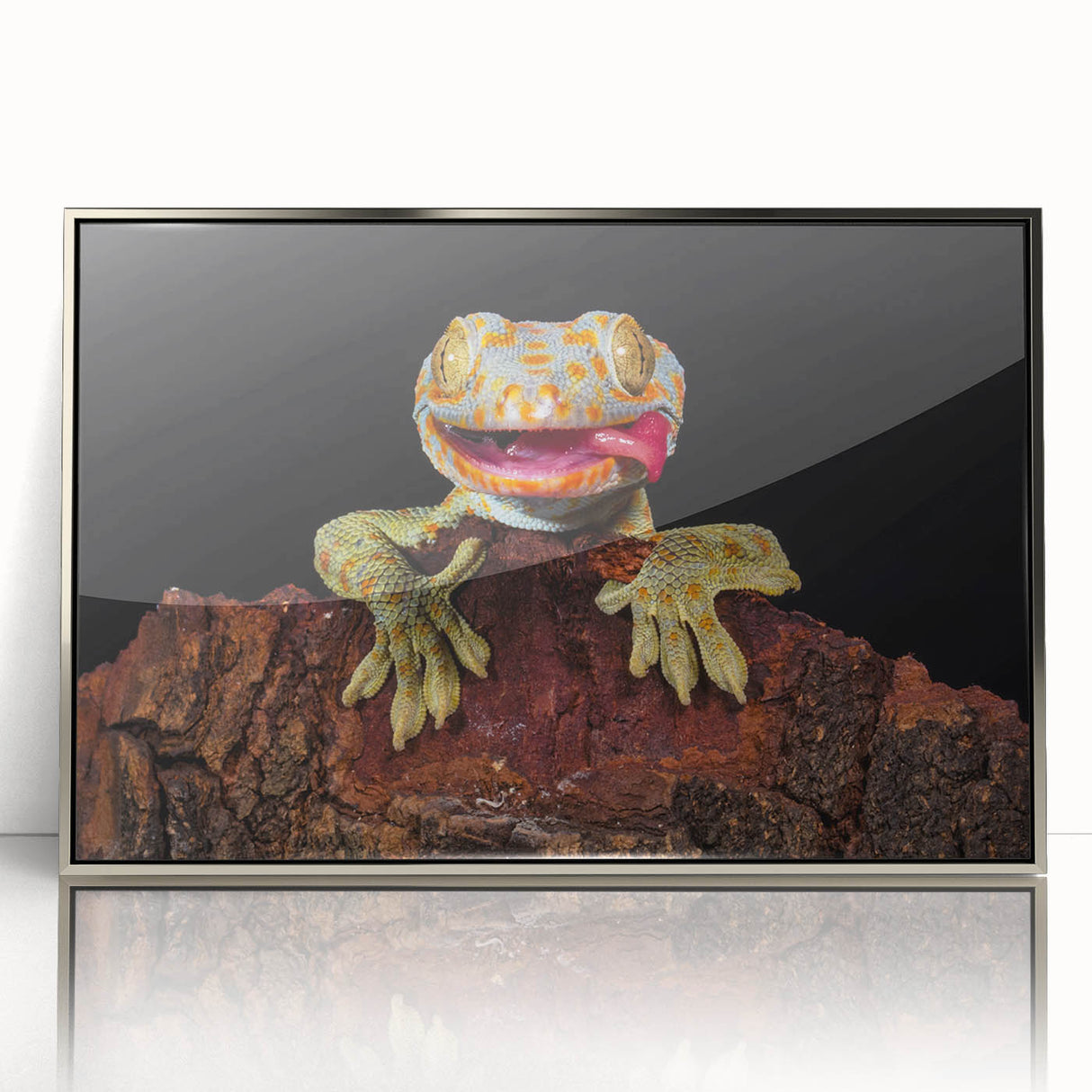 Mid-century modernist art featuring a close-up of a bird in muted earth tones on a silver-framed acrylic print.