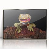 Mid-century modernist art featuring a close-up of a bird in muted earth tones on a silver-framed acrylic print.