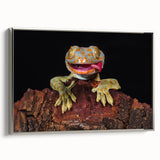 Framed canvas landscape art painting featuring a colorful bird in flight against a black background.