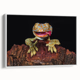 Vintage poster art of a colorful bird on a black background, framed canvas, ideal for living room decor.