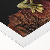 Art deco poster featuring a stylized bird in muted gold and teal tones on rolled canvas.