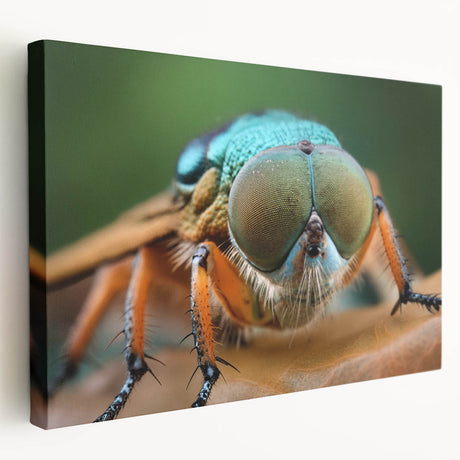Close-up image of a bird on a stretched canvas, featuring vibrant green and blue tones, ideal for kitchen wall art.