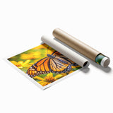 Close-up image of a bird on a floral background, in soft pastel shades, printed on rolled canvas.