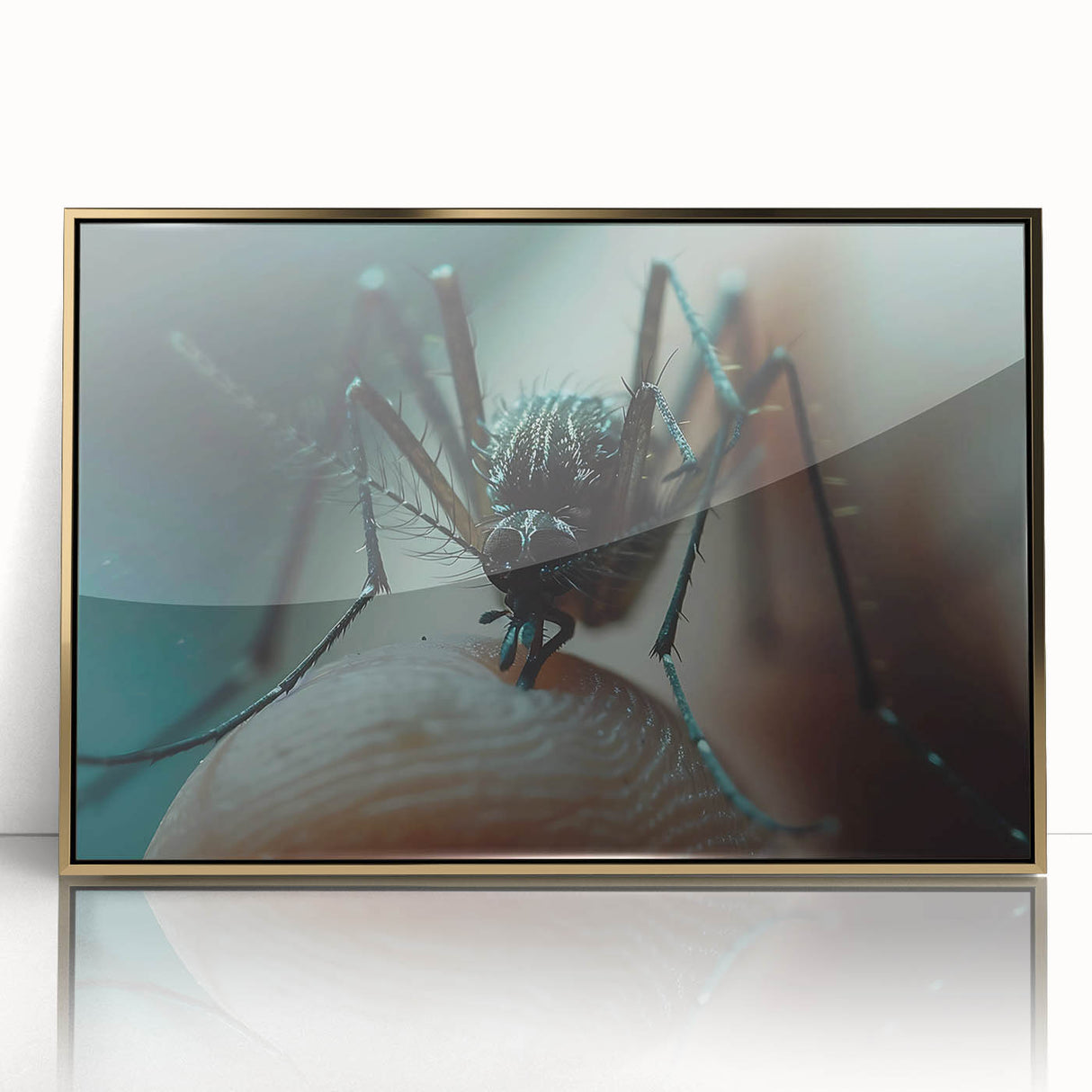 Mid-century modernist large art print of birds in flight, using muted earth tones on a framed acrylic.
