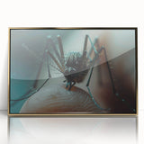 Mid-century modernist large art print of birds in flight, using muted earth tones on a framed acrylic.
