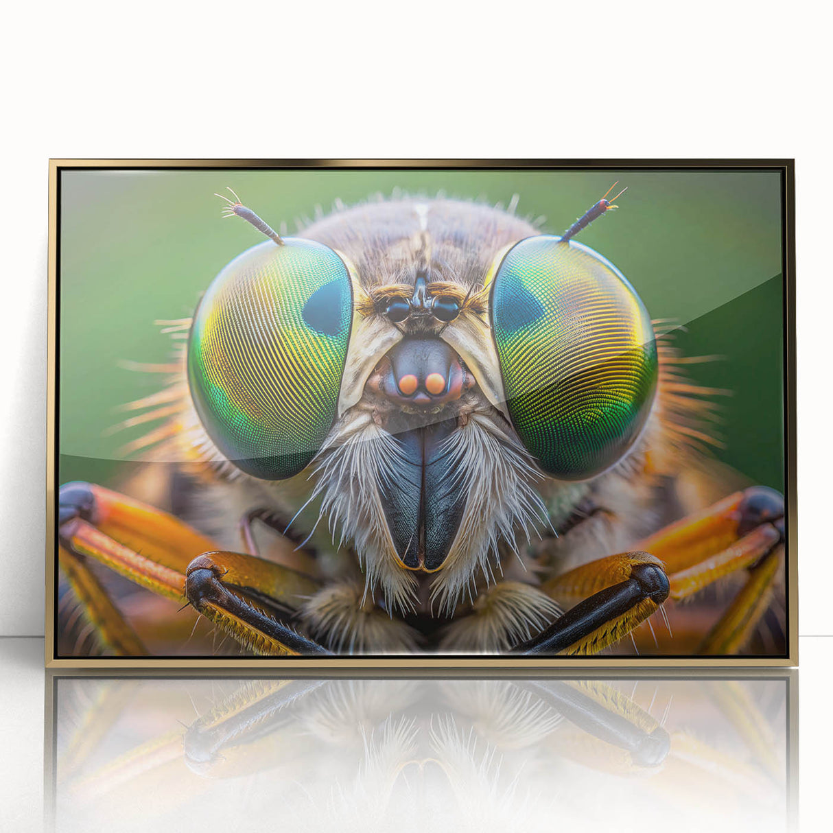 Mid-century modernist large art print of birds in flight on acrylic, framed in gold, ideal for nursery wall decor.