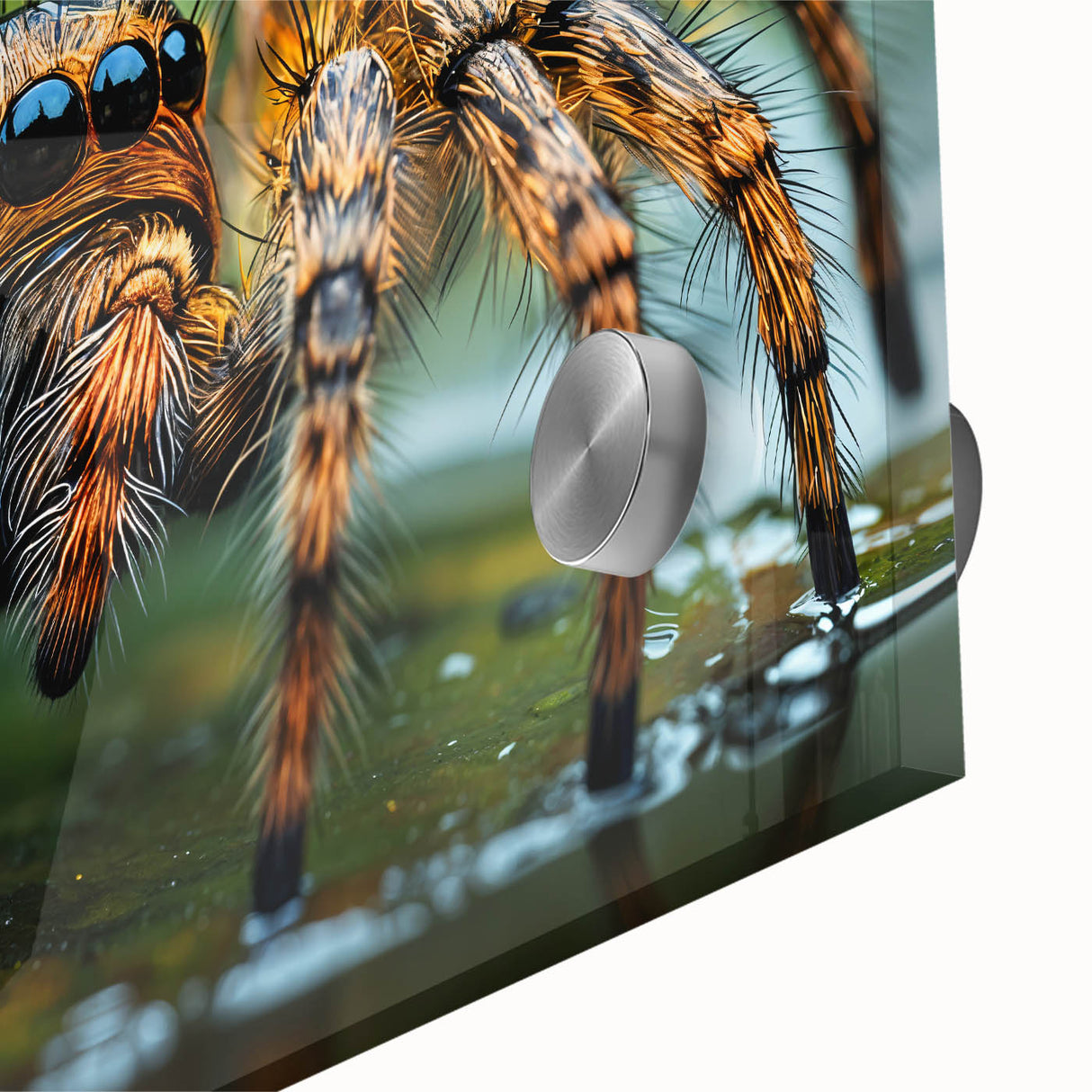 Close-up of a bird on acrylic glass in muted earth tones, ideal for dining room art in a mid-century modernist style.