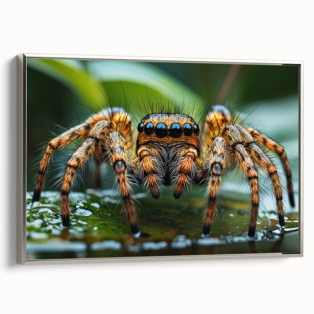 Framed canvas featuring a vintage poster of a colorful landscape with birds.