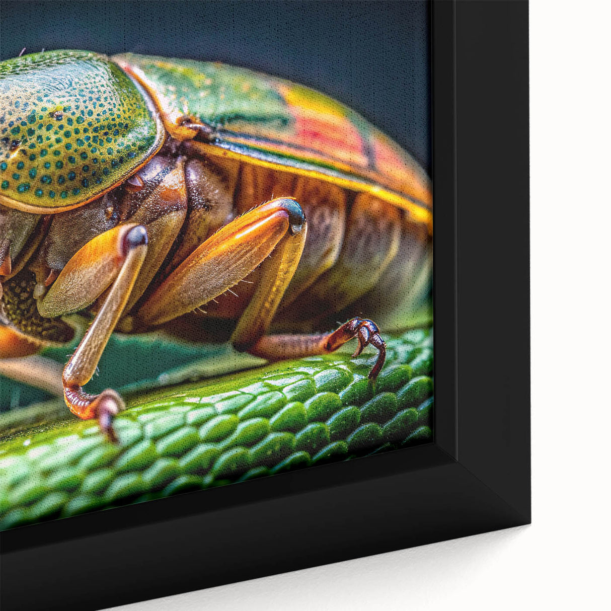 Close-up of a bird in vivid colors on black textured canvas, suitable for extra large living room wall art.