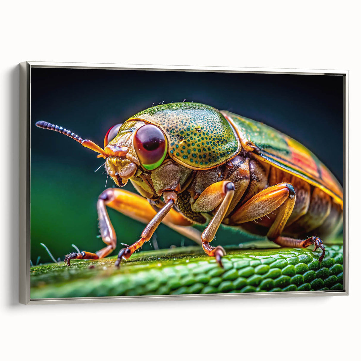 Framed canvas featuring a landscape art painting of colorful birds in motion, set against a black background.