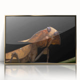 Mid-century modernist style bird design in framed acrylic, featuring gold and earth tones, ideal for nursery wall art.