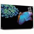 Close-up of a bird in vibrant blue and green tones on acrylic glass, suitable for bedroom or dining room decor.