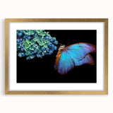 Extra large abstract art print of birds in flight, using textured shades of gold and blue, framed with a gold mat.