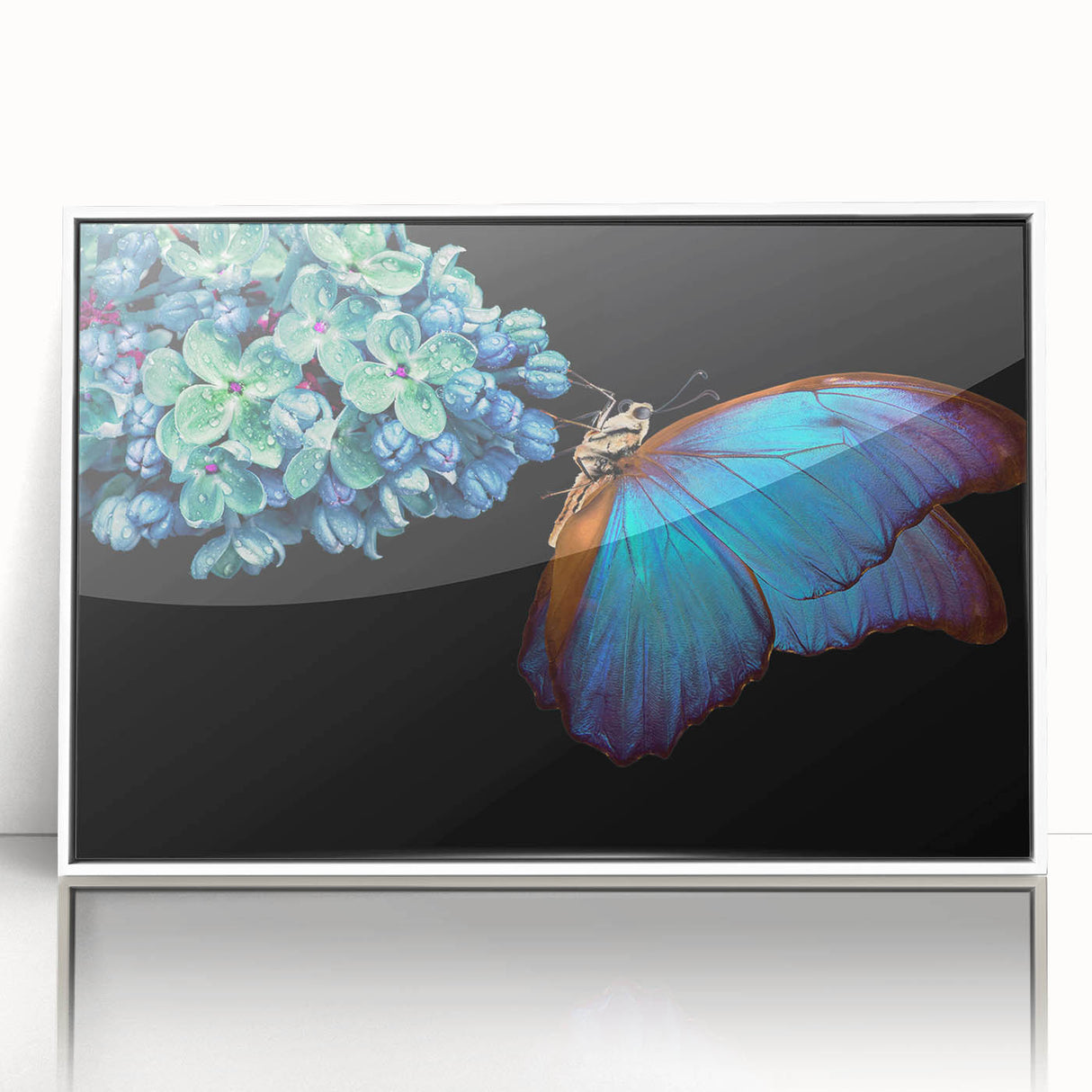 Art deco poster of vibrant birds in flight on a white acrylic frame, ideal for modern nursery wall art.