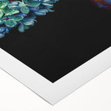 Art deco poster featuring a vibrant peacock on rolled canvas, ideal for classy bathroom wall art.