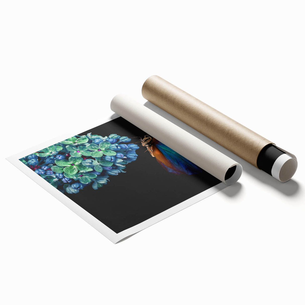 Extra large rolled print featuring a close-up of a bird amidst floral elements, in soft pastel shades.