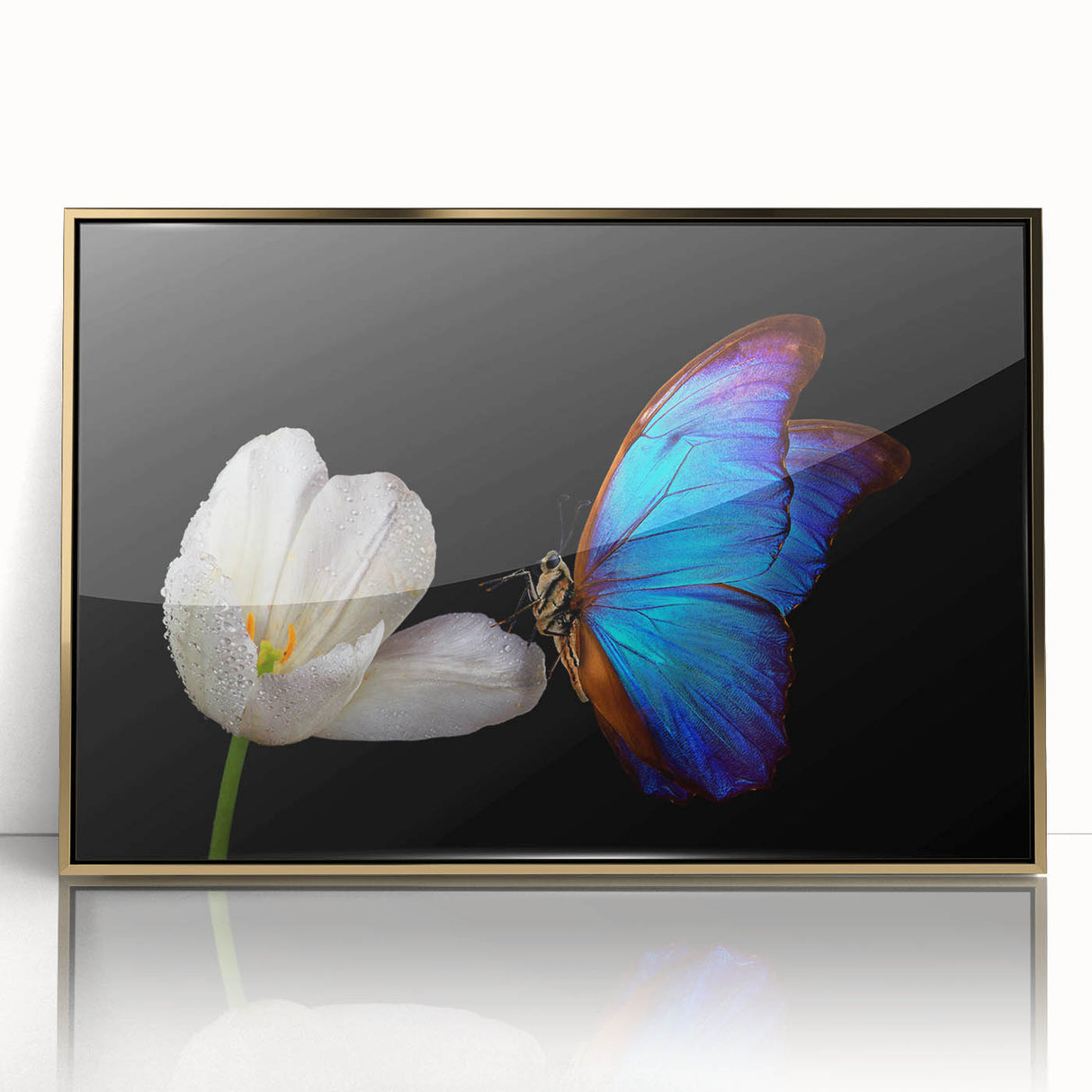 Mid-century modernist style large art print of birds in flight, rendered in muted earth tones on a framed acrylic.