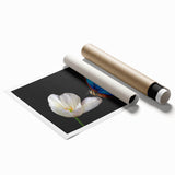 Extra large rolled print of a bird among vibrant floral elements, ideal for classy bathroom wall art.