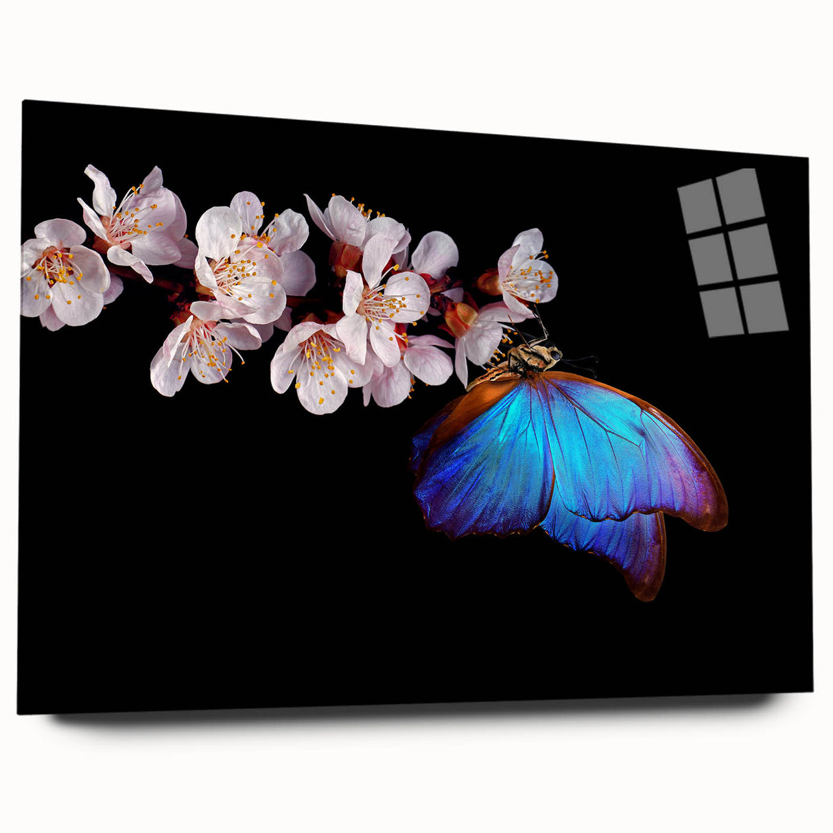 Large abstract wall art depicting birds in flight, rendered in vibrant blues and greens on acrylic glass.
