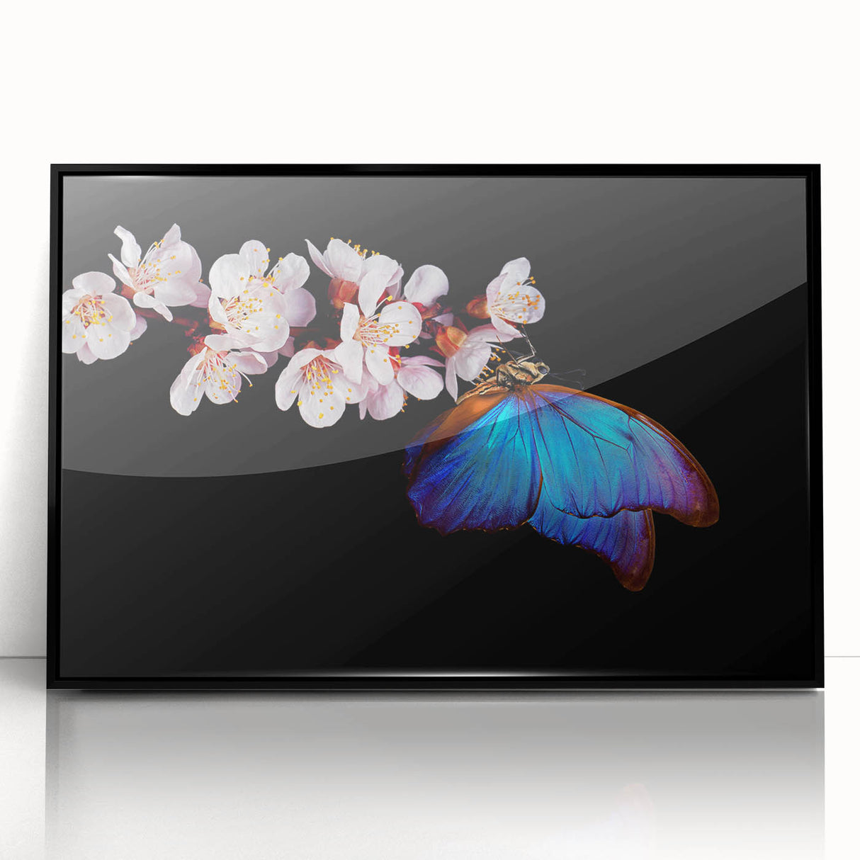 Large abstract wall art featuring a mid-century modernist bird design in black and white tones, framed in acrylic.