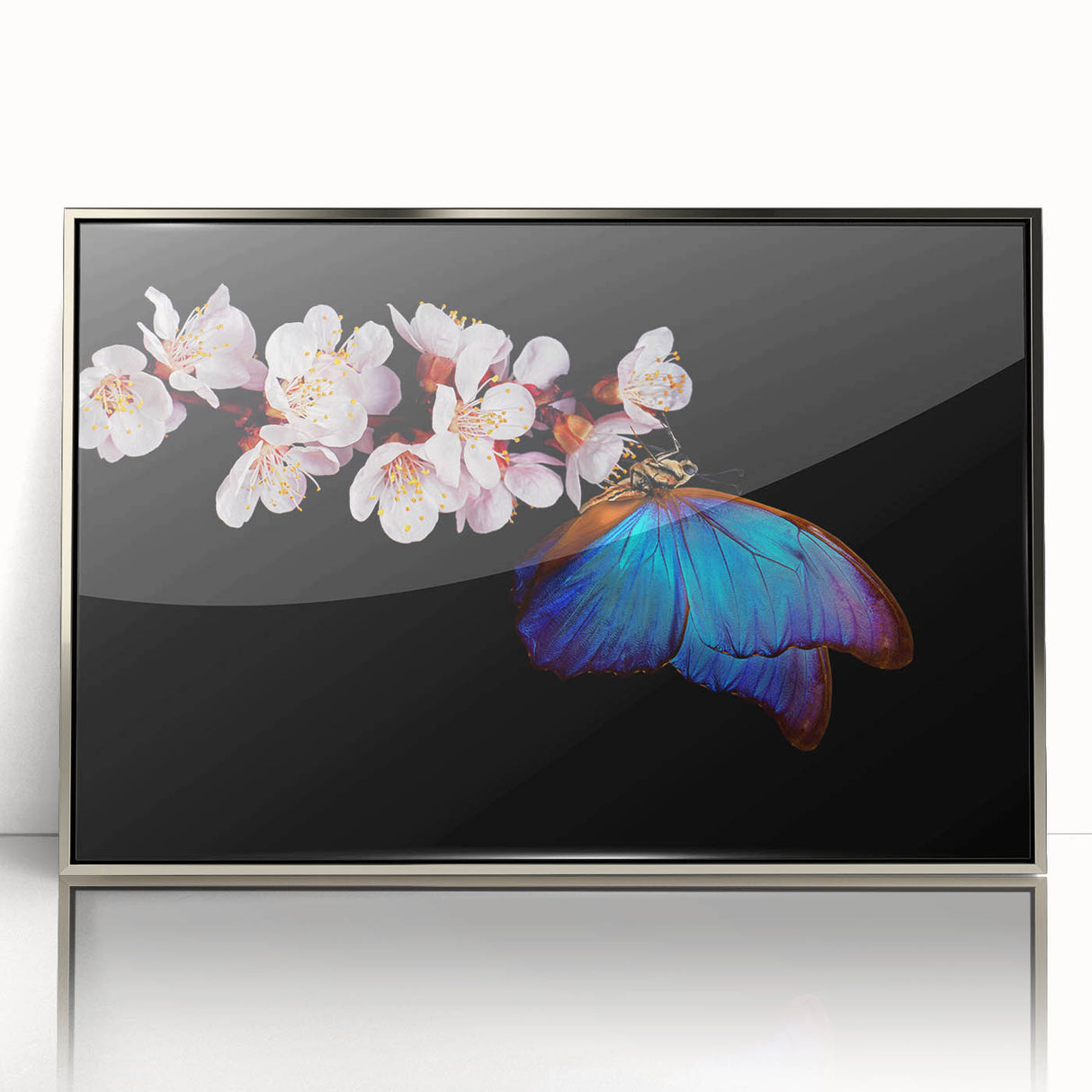Mid-century modernist art of birds in flight, using muted blue and gray tones on a framed acrylic panel.