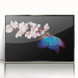 Mid-century modernist art of birds in flight, using muted blue and gray tones on a framed acrylic panel.