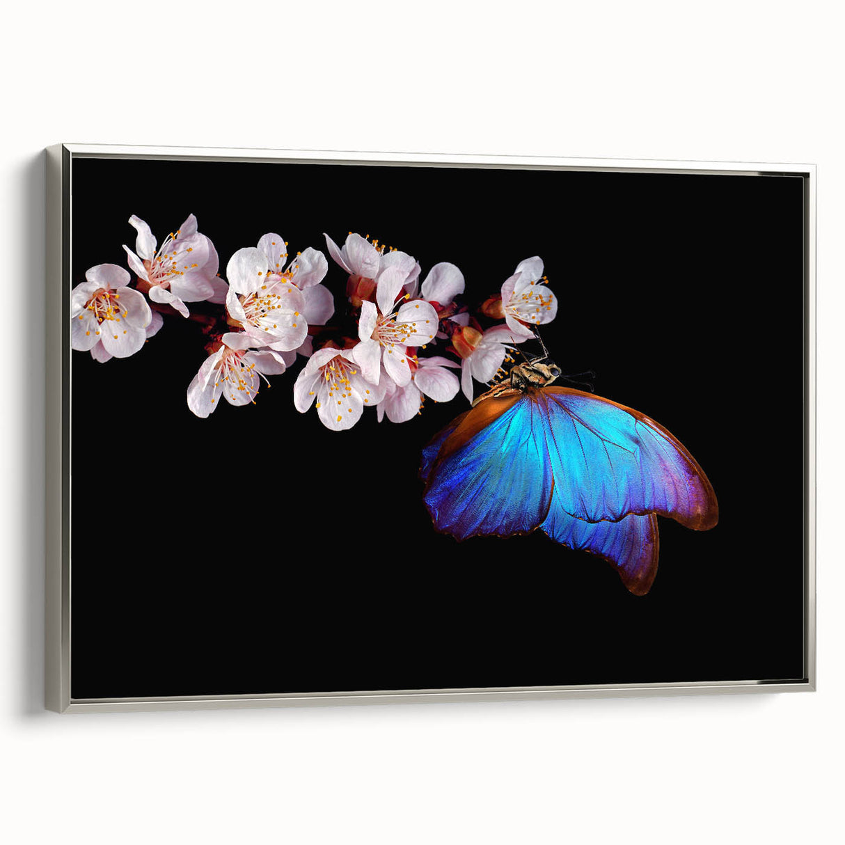 Framed canvas depicting a vintage poster of a colorful landscape with birds, in muted earth tones.