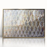 Large abstract wall art featuring a mid-century modernist birds design in muted gold tones on acrylic.