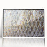 Mid-century modernist art of birds in flight, framed acrylic piece with neutral color tones, suitable for nursery wall art.