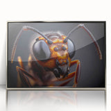 Mid-century modernist art featuring a close-up of a bird, in muted earth tones on a framed acrylic.