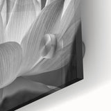 Large abstract floral design in muted orange and green hues on acrylic glass.