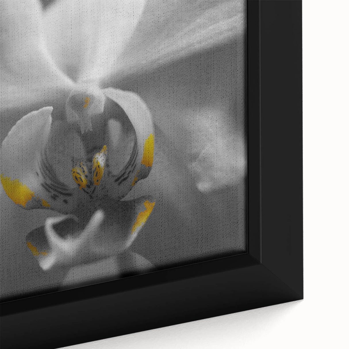 Close-up of a black framed canvas featuring a textured floral design in vibrant colors, ideal for living room decor.