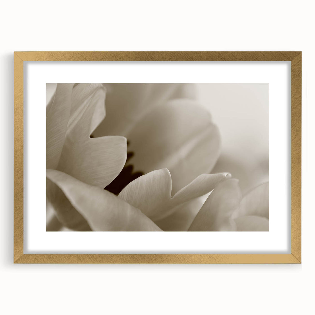 Extra large abstract art print featuring textured floral designs in soft pastel shades, framed in gold.