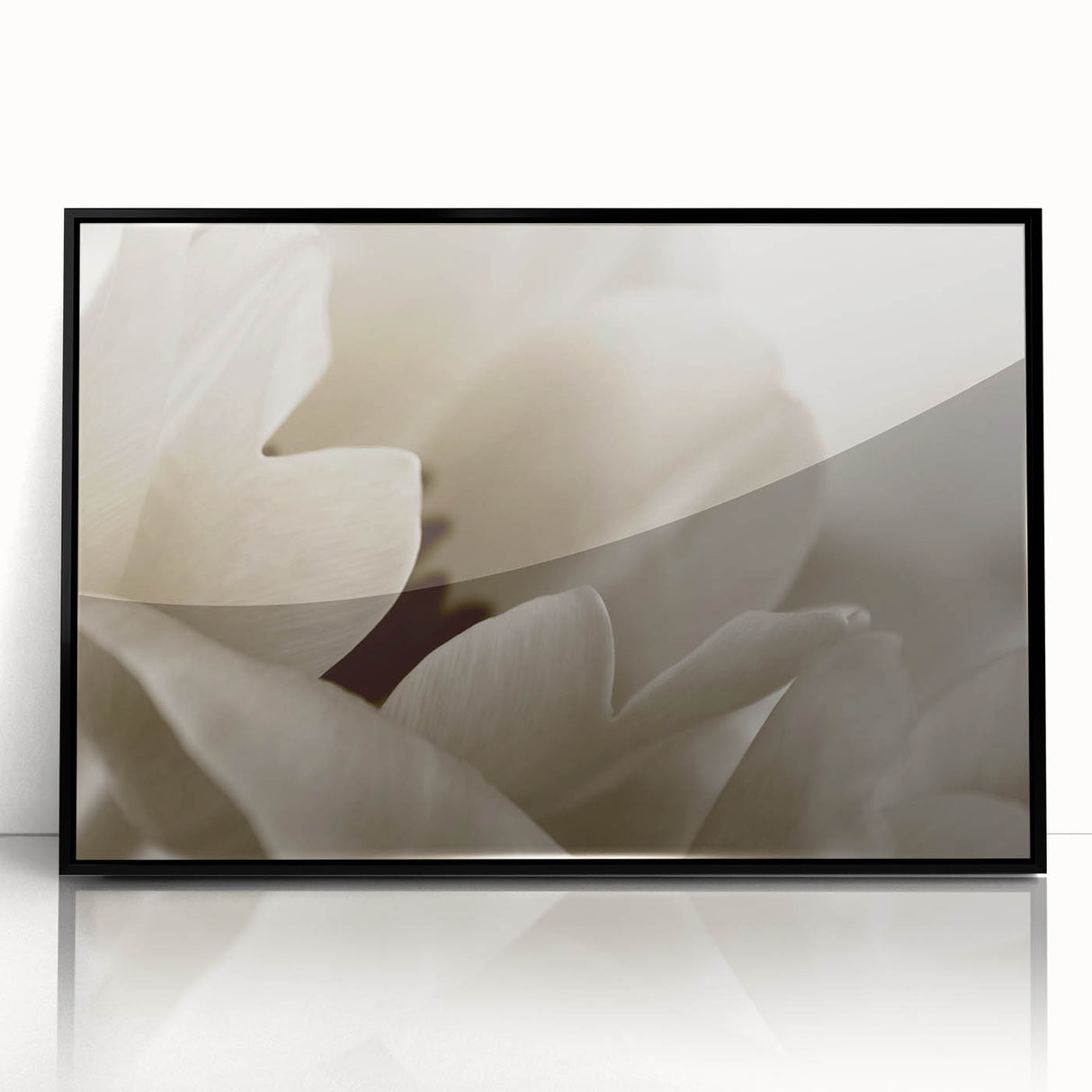Large abstract wall art featuring floral designs in muted earth tones on a black acrylic frame.
