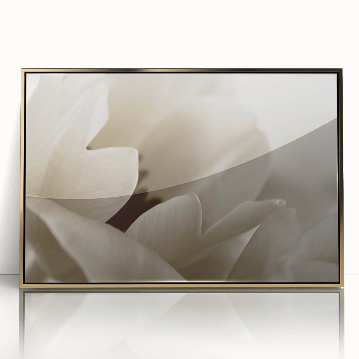 Large art print of vibrant floral close-ups in a gold-framed acrylic, reflecting mid-century modernist style.