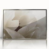 Mid-century modernist art featuring close-up floral design in pastel colors on a silver-framed acrylic print.