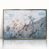 Large art print of a mid-century modernist floral design in vibrant colors on a gold-framed acrylic.