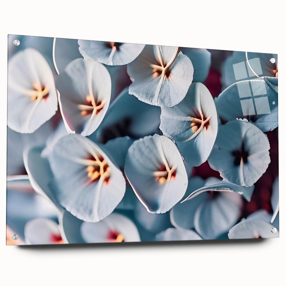 Close-up of a large abstract floral design in vibrant colors on acrylic glass, suitable for bedroom or dining room decor.