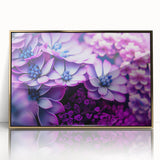 Large art print of close-up floral design in vibrant colors, framed in gold acrylic, ideal for modern nursery wall art.