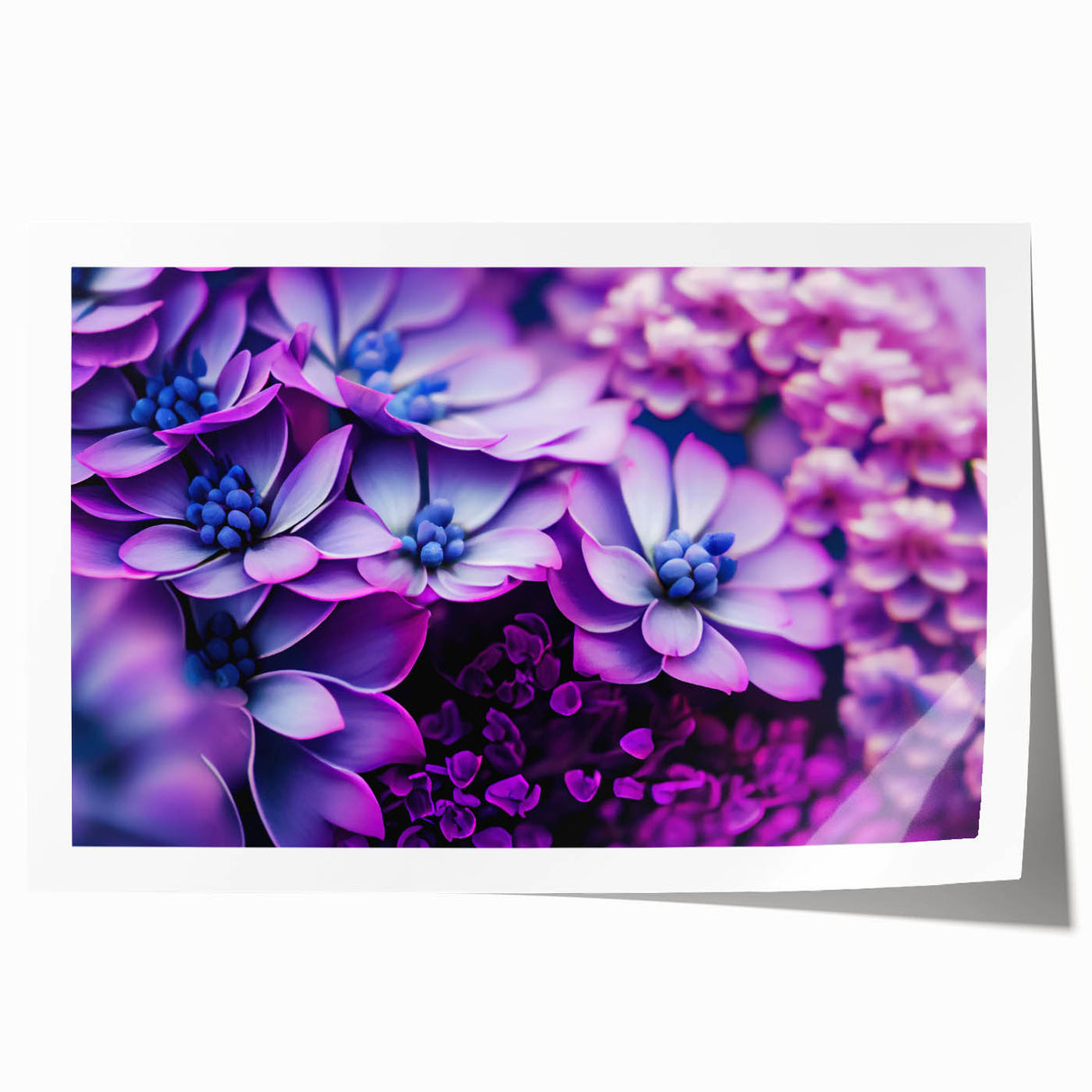 Close-up floral art on rolled print featuring vibrant pink and green tones, ideal for dining room or bathroom decor.