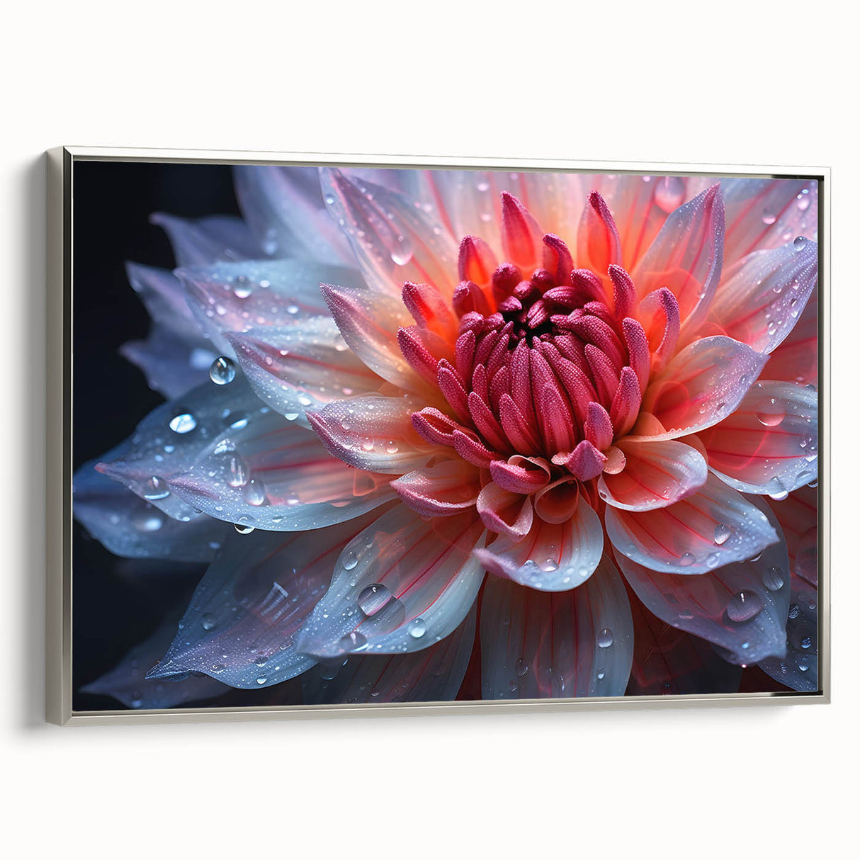 Landscape art painting depicting colorful florals, framed in silver on canvas, suitable for brightening a living room wall.