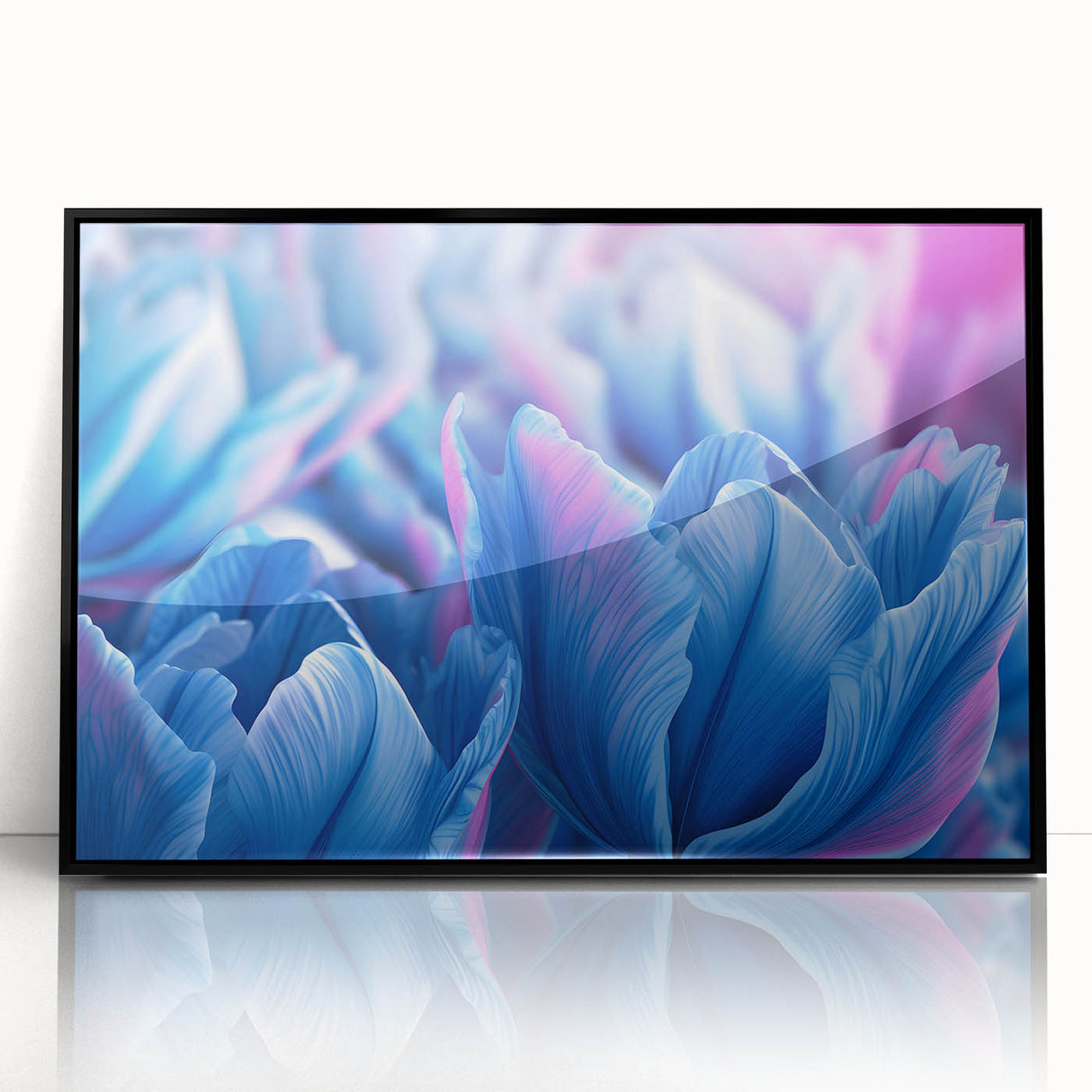 Large abstract wall art featuring floral designs in vibrant colors on a black acrylic framed print.