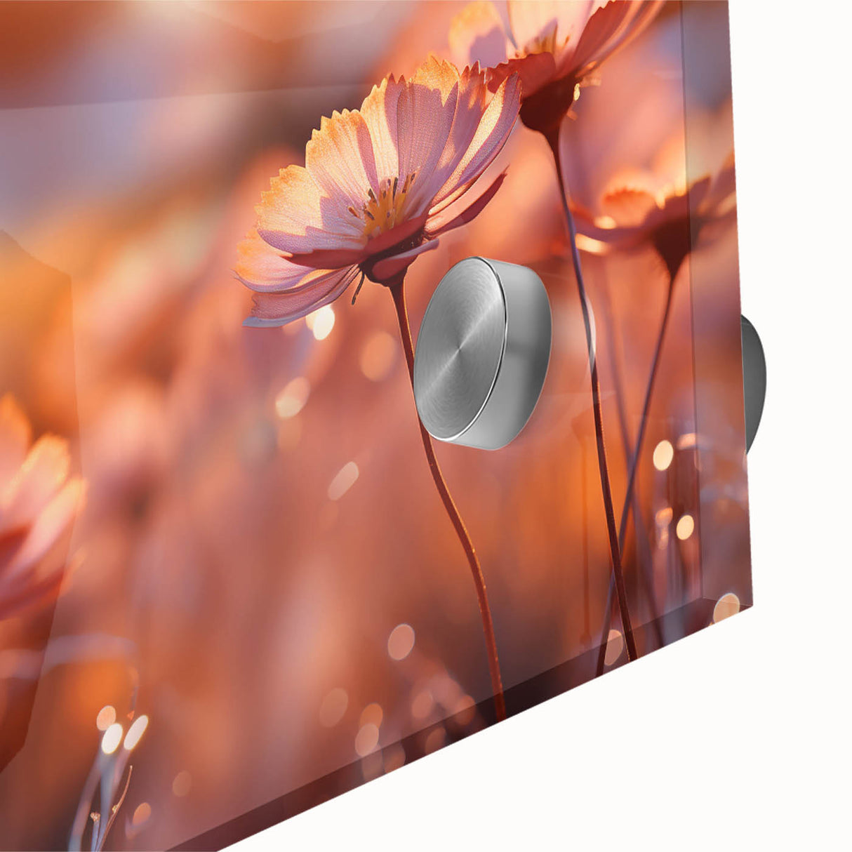 Large abstract floral art in vibrant pink and green tones on acrylic glass.