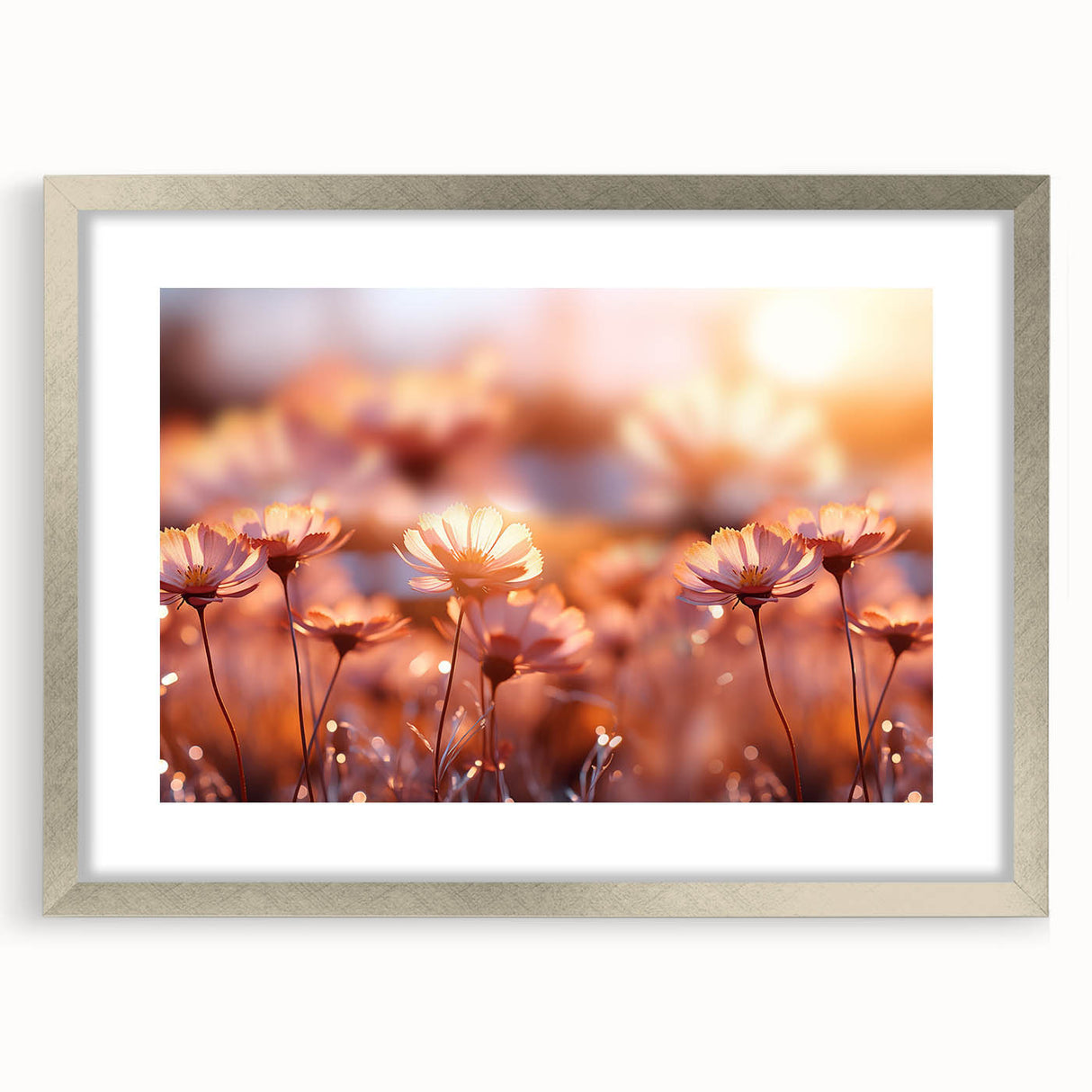 Textured art depicting abstract floral designs in soft pastel shades on a framed silver mat, ideal for bedroom art.