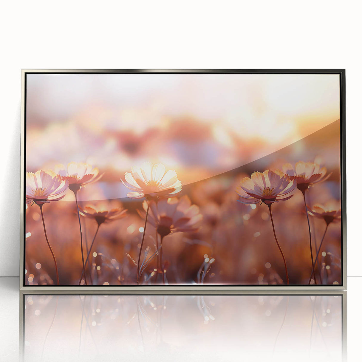 Mid-century modernist floral design in muted pastels, acrylic on framed silver canvas, ideal for nursery wall art.