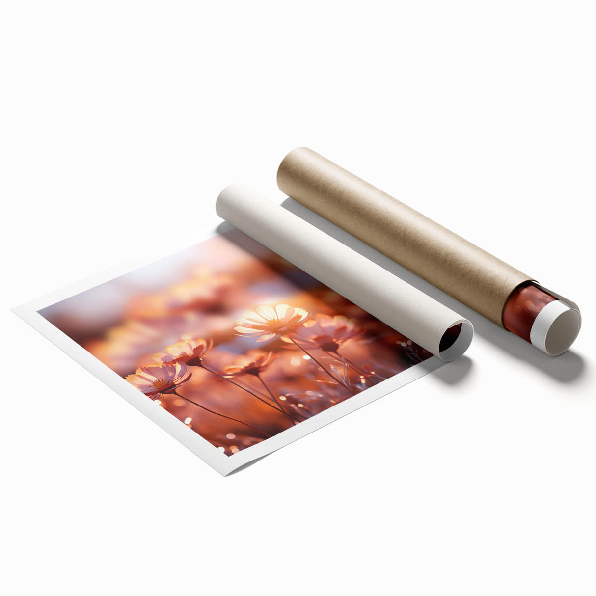 Extra large rolled print of close-up floral art in soft pastel shades.