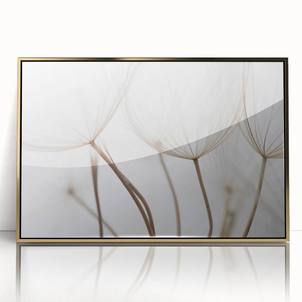 Large art print of a mid-century modernist floral design in muted pastel shades on framed acrylic.